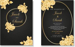 luxury wedding card black template with gold rose frame and line pattern background vector