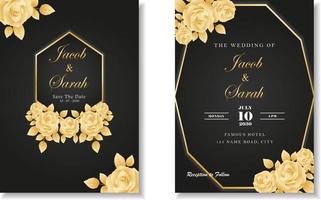 luxury wedding card black template with gold rose floral frame by vector design