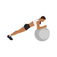 Woman doing Swiss ball plank. abdominals exercise flat vector illustration isolated on white background