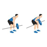 Man doing One arm barbell rows exercise. Flat vector illustration isolated on white background