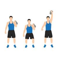 Man doing One arm kettlebell push and press exercise. Flat vector illustration isolated on white background