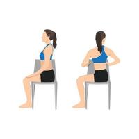 mujer haciendo giro espinal de silla. Ejercicio ardha matsyendrasana. ilustración vectorial plana aislada sobre fondo blanco vector