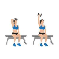 Woman doing Seated Single arm overhead dumbbell tricep extensions exercise. Flat vector illustration isolated on white background