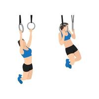 mujer haciendo pull ups anillo de gimnasia. ejercicio de dominadas. ilustración vectorial plana aislada sobre fondo blanco vector