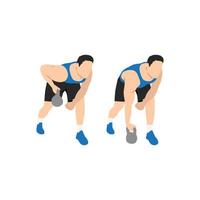 Man doing one arm kettlebell rows exercise. Flat vector illustration isolated on white background