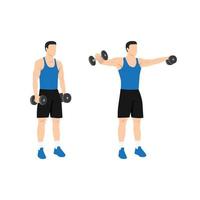 Man doing Lateral side shoulder dumbbell raises. Power partials exercise. Flat vector illustration isolated on white background