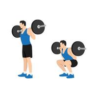 Man doing Squat with barbell exercise. Flat vector illustration isolated on white background