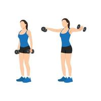 Woman doing Lateral side shoulder dumbbell raises. Power partials exercise. Flat vector illustration isolated on white background