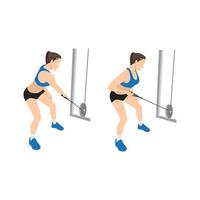 Woman doing Cross body cable rows exercise. Flat vector illustration isolated on white background