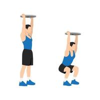 Man doing Overhead plate squats exercise. Flat vector illustration isolated on white background