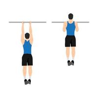 Man doing chin-ups workout. Fitness and bodybuilding exercise in the gym. Healthy and active lifestyle. Isolated vector illustration in cartoon style