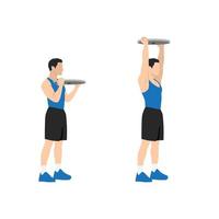 Man doing Overhead plate presses  exercise. Flat vector illustration isolated on white background