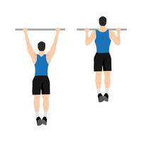 Man doing pull ups exercise. Flat vector illustration isolated on white background