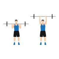 Man doing Overhead barbell shoulder press exercise. Flat vector illustration isolated on white background