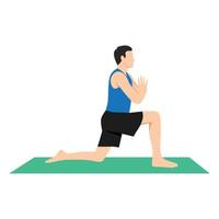 hombre haciendo anjaneyasana o pose de yoga de baja estocada, ilustración vectorial en estilo moderno vector