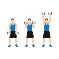 Man doing Dumbbell biceps curl to shoulder press exercise. Flat vector illustration isolated on white background