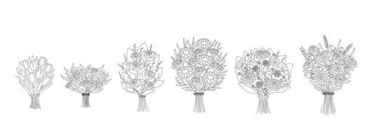 Set of different doodle outline bouquets. Collection of various blooming plants with stems and leaves isolated on white. Floral decoration or gift vector