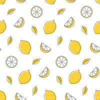 Seamless pattern lemon outline with spots. Whole, pieces, and leaves. vector