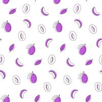 Seamless pattern doodle prunes plum outline with spots. Whole, pieces, and leaves vector