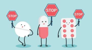 Cut pills holding stop sign character cartoon art illustration vector