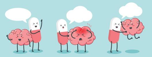 Cut pills and brain with empty speech bubble character cartoon art illustration vector