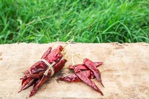 Dried chili peppers on wooden with green grass background