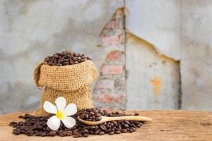 granos de café en sacos de arpillera sobre mesa de madera con fondo borroso