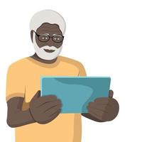 Portrait of an elderly dark-skinned bearded man with a tablet in his hands, vector illustration, isolated on a white background