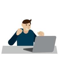 Happy  glad guy sits in front of a laptop and raised his fists up, flat vector, isolate on a white background vector