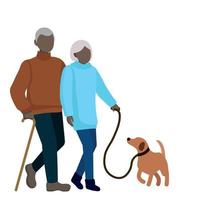 pareja de ancianos de piel oscura paseando al perro, vector plano, aislado en fondo blanco, personas sin rostro