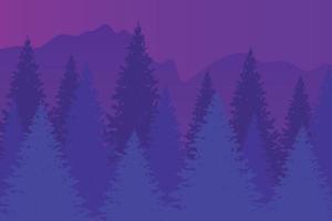 Silhouettes of spruce trees against the backdrop of mountains and the sky, background in blue and purple tones vector