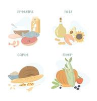 A set of macronutrients. Proteins, fats, carbohydrates and fiber in the form of food. Food categories. Products vector illustration