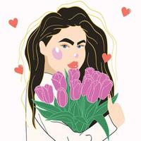 Beautiful girl with a bouquet of tulips. 8 March International womens day. Vector templates for card and poster