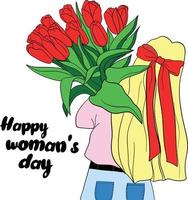 Blonde girl with a large bouquet of tulips. Happy Women's Day March 8. Vector illustration for postcard, poster, banner