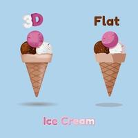 helado de ilustración 3d comparar con estilo de diseño plano vector