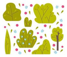 Bushes and trees, with flowers. Floral design for patterns or postcards. Foliage, green spaces. Flat vector illustration