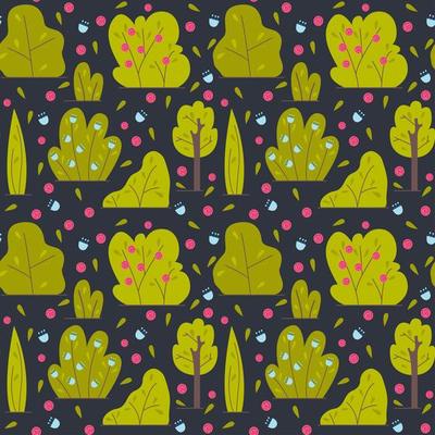 Bushes and trees, with flowers. Floral design for patterns or postcards. Foliage, green spaces. Flat vector illustration