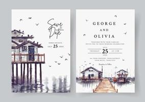 Wedding invitation of nature landscape with house and harbor view watercolor vector