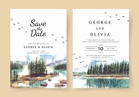 Watercolor wedding invitation with reflection of beautiful pine trees in lake vector