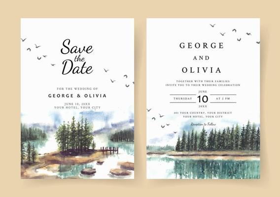 Watercolor wedding invitation with reflection of beautiful pine trees in lake