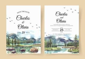 invitación de boda acuarela con reflejo de hermosos pinos y montaña en el lago vector