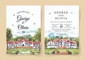 invitación de boda del paisaje natural con hermosa casa y acuarela de árboles vector