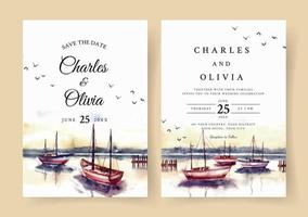 invitación de boda del paisaje natural al atardecer con acuarela de puerto y barco vector