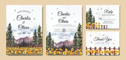 invitación de boda acuarela del paisaje natural con flores amarillas y pinos vector