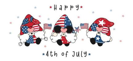 lindo 4 de julio gnomos de la independencia de América con la bandera de EE. UU., lindo divertido dibujo de dibujos animados vector banner