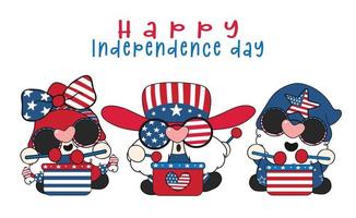 grupo de tres lindos gnomos felices de la estrella de rock de América celebran el día de la independencia, lindo divertido dibujo de dibujos animados vector banner.