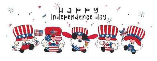 grupo de cinco lindos y felices 4 de julio gnomos de la independencia de América celebrando, linda y divertida caricatura dibujando pancarta vectorial. vector