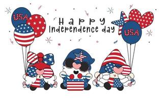 group of three cute happy 4th of July America independence Gnomes celebrating , cute fun cartoon drawing vector banner.
