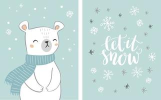 Cute hand drawn polar bear card set with handwritten text let it snow on snowy background. Bear character with snowflakes. Christmas design. vector