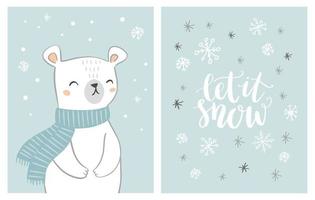 Cute hand drawn polar bear card set with handwritten text let it snow on snowy background. Bear character with snowflakes. Christmas design. vector